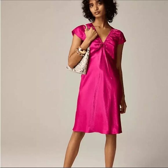 J Crew Short-sleeve slip dress in‎ textured satin Women’s Size 4 Fuchsia Pink - Picture 1 of 10